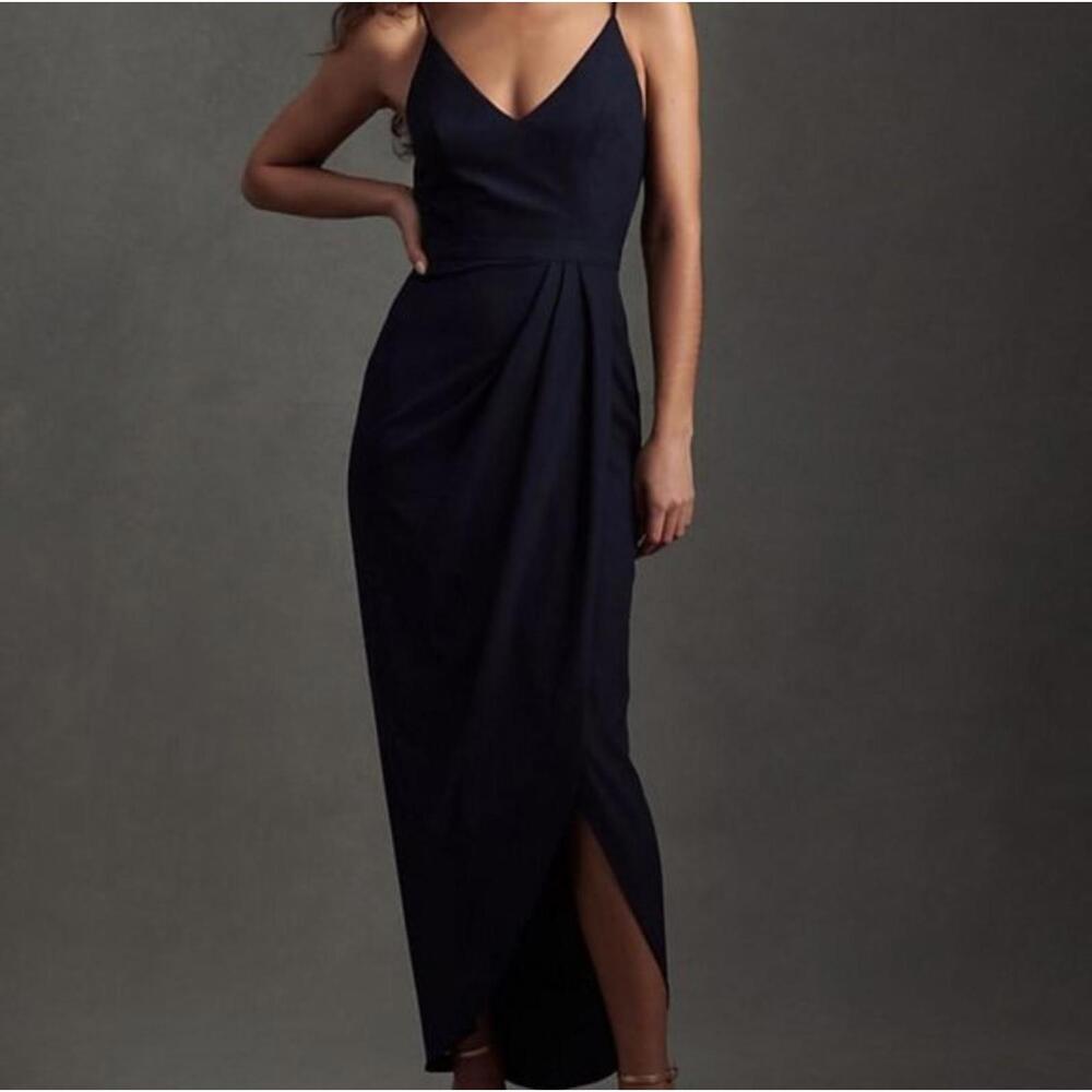BHLDN Anthropologie navy draped formal midi dress sz 10